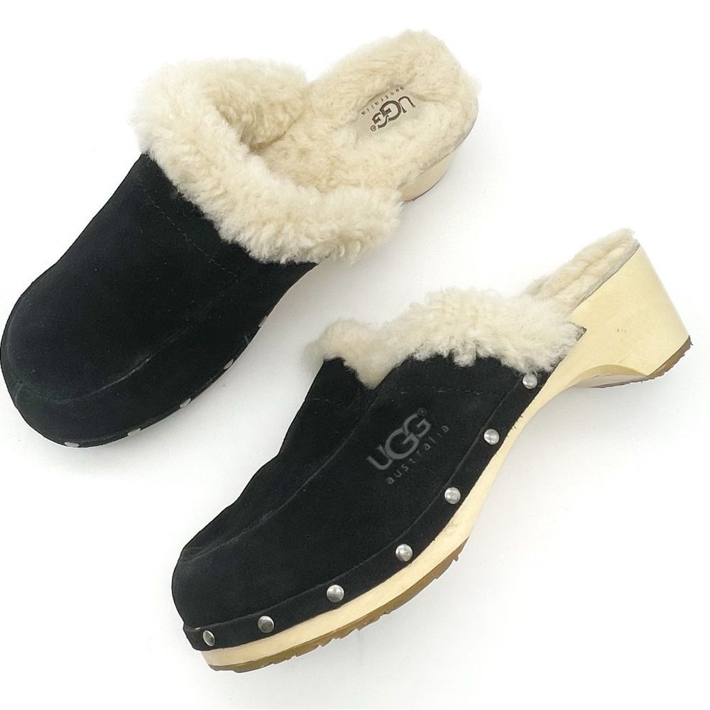 UGG Black Suede Shearling-Lined Clog Mules with Cream Fur Trim